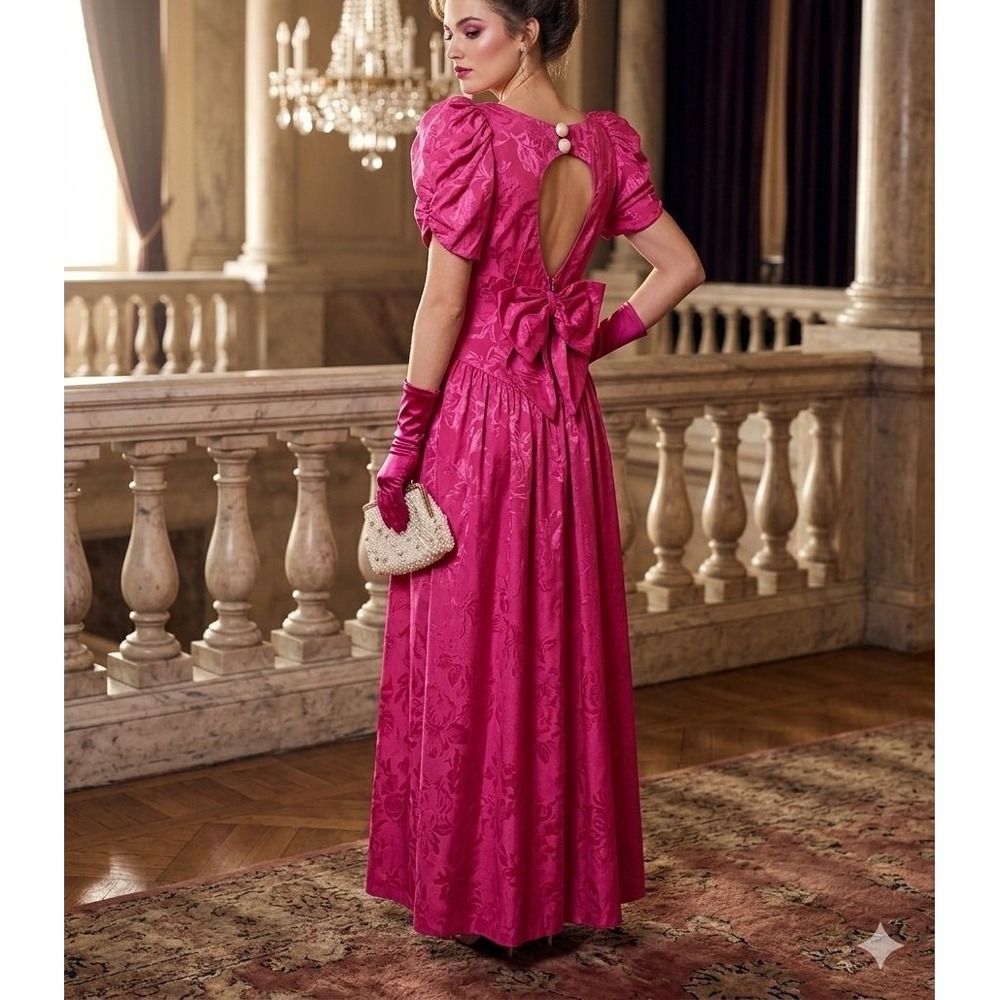 Vintage 1980s Alfred Angelo Fuchsia Pink Prom Dress Puff Sleeve Bow Back 13/14